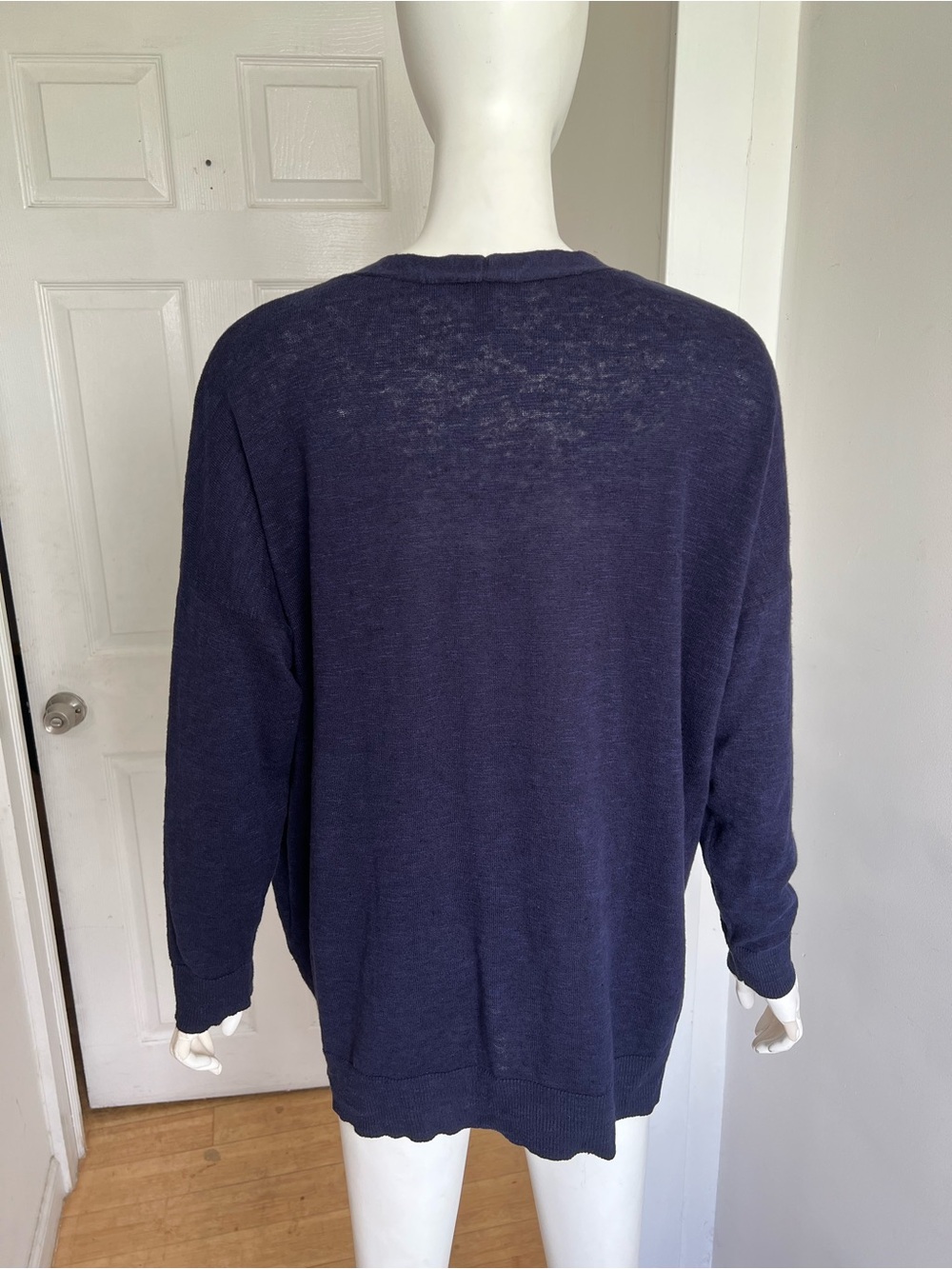Eileen Fisher Organic Linen Cotton Slub Cardigan Sweater Sz M Navy Blue Pockets - Picture 9 of 12